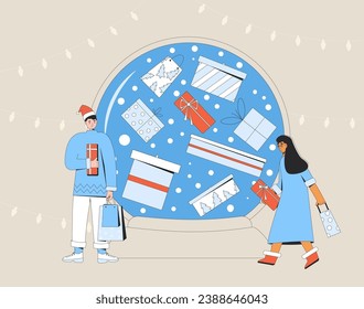 Exchanging gifts. Winter holiday shopping. Two friends standing near huge snow globe with presents. Celebrating New Year. Vector illustration of people with giftboxes.