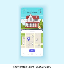 Exchanging houses for holidays smartphone interface vector template. Discovering new places. Mobile app page design layout. Apartment swapping screen. Flat UI for application. Phone display