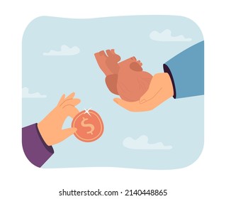 Exchanging human heart for money flat vector illustration. Buying internal human organs for transplantation. Medicine, health, business concept for banner, website design or landing web page