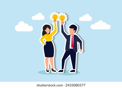 Exchanging ideas fosters creativity, innovation, brainstorming, sharing intelligence data, communication, discussing, and learning together, businessman and woman share lightbulb idea to colleagues.