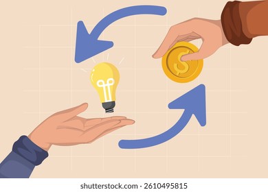 Exchanging Ideas for Funding Hand Giving a Light Bulb Idea in Return for a Gold Dollar Coin in a Circular Transaction