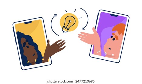 
Exchanging ideas through a phone at an online meeting of two people. The concept consists of two phone screens, yellow and purple, where colleagues have met through a simple network