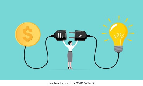 exchanging knowledge with money for a business or start up project, new business idea to get money, businesswoman connect plug with light bulb idea to money concept vector illustration