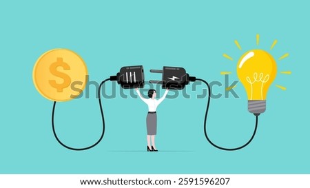 exchanging knowledge with money for a business or start up project, new business idea to get money, businesswoman connect plug with light bulb idea to money concept vector illustration