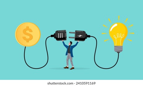 exchanging knowledge or science for money for a business or start up project, new business idea to get money, businessman connect plug with light bulb idea to money concept vector illustration