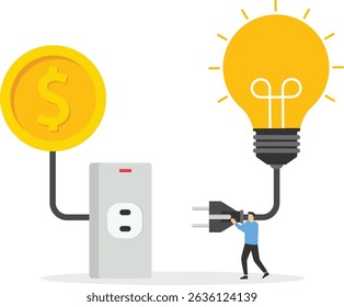 Exchanging knowledge or science for money for a business or start up project, new business idea to get money, businessman connect plug with light bulb idea to money concept vector illustration stock i