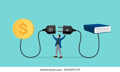 exchanging money with book to get knowledge to achieve target or goal, businessman connect plug with money book concept vector illustration with flat style design 