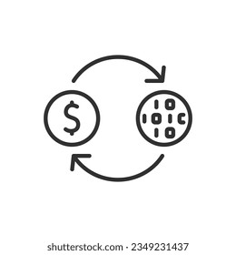 Exchanging money for digital money, linear icon, cryptocurrency. Line with editable stroke