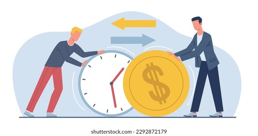 Intercambio de tiempo y esfuerzo por dinero y pago por trabajo. Los hombres sostienen un reloj enorme y una moneda fría. Metáfora del costo de la hora. Minutos de trabajo. Concepto vectorial aislado de estilo plano de caricatura