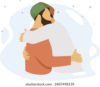 Exchanging warm Eid greetings with a heartfelt embrace Concept, affectionate hug vector Design, Ramadan and Eid al-Fitr Symbol, Islamic and Muslim fasting Sign Arabic holidays celebration illustration