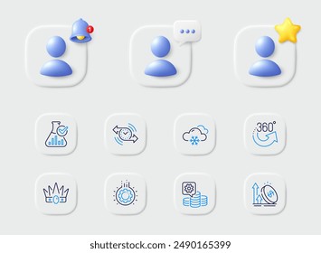 Impuestos especiales, laboratorio de química e iconos de 360 grados. Marcador de posición con estrella 3d, campana recordatoria, chat. Pack de equipo, ganar dinero, icono de Clima de nieve. Temporizador, pictograma de la corona. Vector