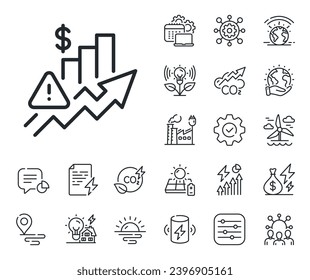 Excise duty graph sign. Energy, Co2 exhaust and solar panel outline icons. Rise price line icon. Tax rate or inflation symbol. Rise price line sign. Eco electric or wind power icon. Vector