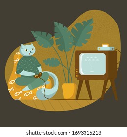 Excitable, gambling Cat plays in video game. Funny animals life. Isolated Vector illustration. Flat style. Home exotic Plant, palm, monstera, retro tv, game box, bag chair, pajama, fish ornament. 