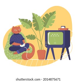 Excitable, gambling Cat plays in video game. Funny animals life. Isolated Vector illustration. Flat style. Home exotic Plant, palm, monstera, retro tv, game box, bag chair, pajama, fish ornament. 