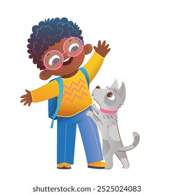 Excited African American Boy Greeting his Dog or Puppy. Cute child play with his doggy, animal lovers. Elementary or middle school cartoon. Vector graphic design illustration for kids and dog people.