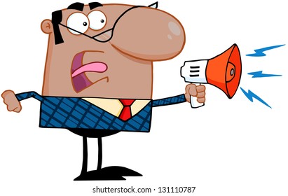 Excited African American Business Manager Speaking Through A Megaphone