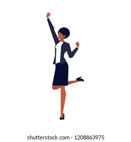 Excited African American businesswoman with raised hands, happy successful woman in office clothes, skirt and heels, vector illustration in flat style on white background