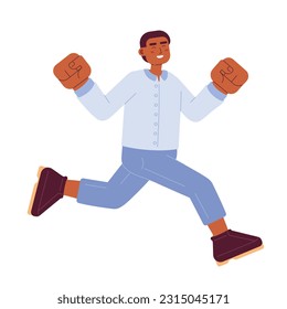 Excited african american male jumping semi flat colorful vector character. Celebrating young adult man. Editable full body person on white. Simple cartoon spot illustration for web graphic design