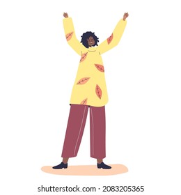 Excited african american woman cheering holding hands raised in air happy of successful event, victory, holiday celebration or achievement. Cartoon flat vector illustration