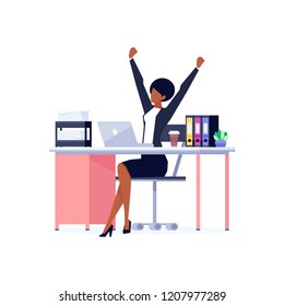 Excited African American woman with raised hands on workplace, celebrating win, happy woman in office clothes, skirt and heels, vector illustration in flat style on white background