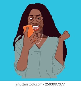 Excited African American young lady holding a cell phone close to her face smiling reading her conversations wearing glasses