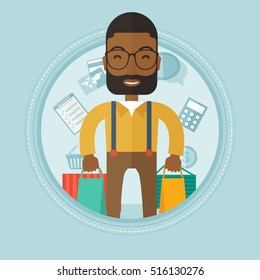 Excited african shopper holding a lot of shopping bags on the background with shopping icons. Happy man carrying shopping bags. Vector flat design illustration in the circle isolated on background.