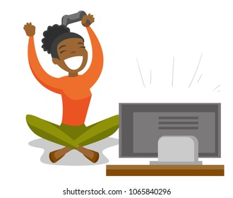 Excited african-american gamer playing video game on the television at home. Young woman with console in hands celebrating her victory in video game. Vector cartoon illustration. Horizontal layout.