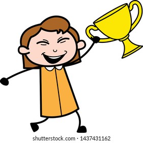 Excited after Getting the Trophy - Retro Office Girl Employee Cartoon Vector Illustration