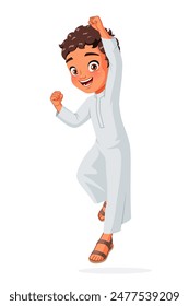 Excited Arab kid jumping with one hand in the air. Cartoon vector illustration isolated on white background.