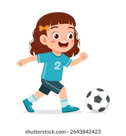 Excited Asian Girl Playing Soccer with Smile, Wearing Blue Jersey Illustration, Happy Mood