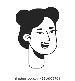 Excited asian girl with two buns hairstyle monochrome flat linear character head. Cute girl. Editable outline hand drawn human face icon. 2D cartoon spot vector avatar illustration for animation