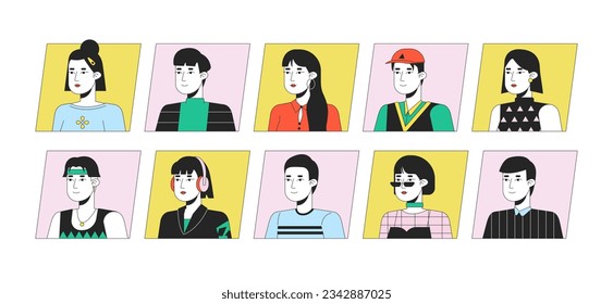 Excited asian people flat color cartoon avatar icons bundle. Editable 2D user portrait linear illustration. Isolated vector face profile cliparts. Userpic collection, people head and shoulders