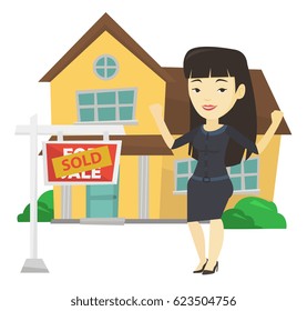 Excited asian real estate agent standing in front of sold real estate placard and house. Successful real estate agent who sold a house. Vector flat design illustration isolated on white background.