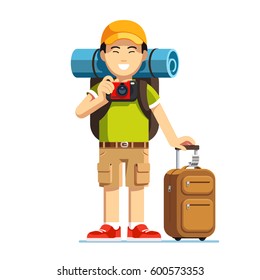 Excited Asian Tourist Man Standing With His Luggage, Wheeled Boarding Spinner And Rucksack. Chinese Or Japanese Hiker In Baseball Cap Taking Photo With Camera. Flat Style  Vector Isolated Illustration