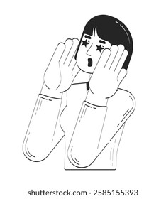 Excited asian woman with starry eyes doodle linear character. Enthusiastic korean female hands raised near face 2D vector outline person isolated. Hand drawn drawing illustration monochrome