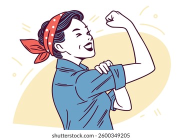Excited Asian woman wearing a blue shirt showing strong gesture by lifting her arms and muscles smiling proudly