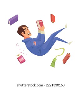 Excited astronaut reading book in weightlessness of space flat vector illustration