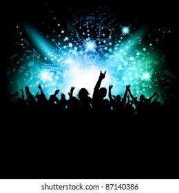 Excited audience on abstract music notes background