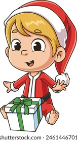 Excited baby boy santa with christmas gift vector illustration