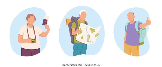 Excited backpackers with map and camera. Persons in journey. Finding right way and positive emotions. Adult people overseas, discovering new places, exciting journey. Vector cartoon illustration set