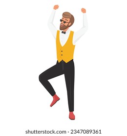 Excited bearded hipster man. Happy hipster boy in jumping pose vector cartoon illustration