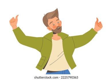 Excited Bearded Male with Thumb Up Cheering About Good News Expressing Emotion Vector Illustration