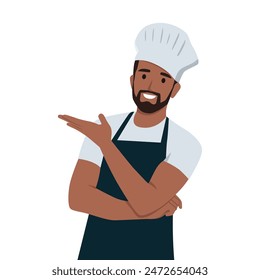 Excited bearded man chef cook wearing uniform. Flat vector illustration isolated on white background