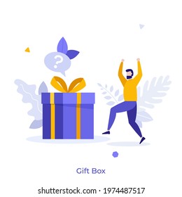 Excited bearded man running towards at gift in box with ribbon with question mark under it. Concept of birthday surprise, holiday present. Modern flat colorful vector illustration for banner, poster.