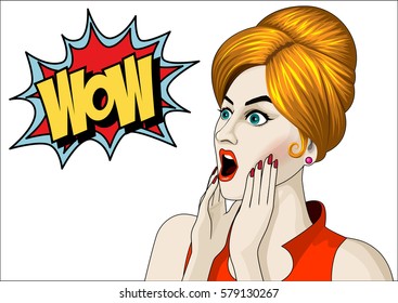 Excited beautiful woman, blonde hair people pop art retro vector. Emotional beautiful girl with white background.