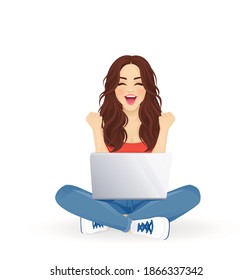 Excited beautiful woman using laptop computer sitting with crossed legs and celebrating success isolated vector illustration