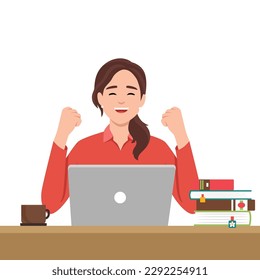 Excited beautiful woman using laptop computer sitting on the desk. Flat vector illustration isolated on white background