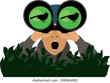 Excited birdwatcher observing a bird through a pair of binoculars, sitting in a hiding, EPS 8 vector illustration
