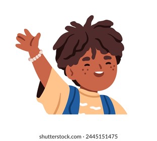 Excited black boy waving hi, greeting with hand. Cute happy kid character, friendly gesture. Cheerful joyful African-American child, raised arm. Flat vector illustration isolated on white background