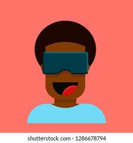 Excited black young man in virtual reality glasses. Creative cartoon character design.